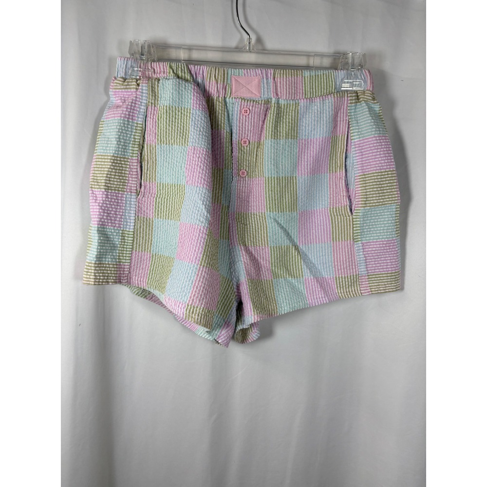 New View Womens Pastel Seersucker Checkered Lounge Shorts Pink Green Blue Large